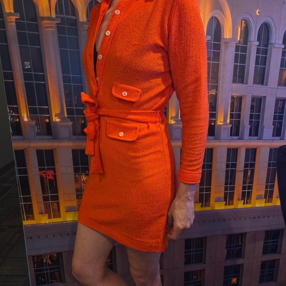 Vintage Barnsville Park-Suite Orange Ribbed Knit Mini Dress Belted 70s Mod
